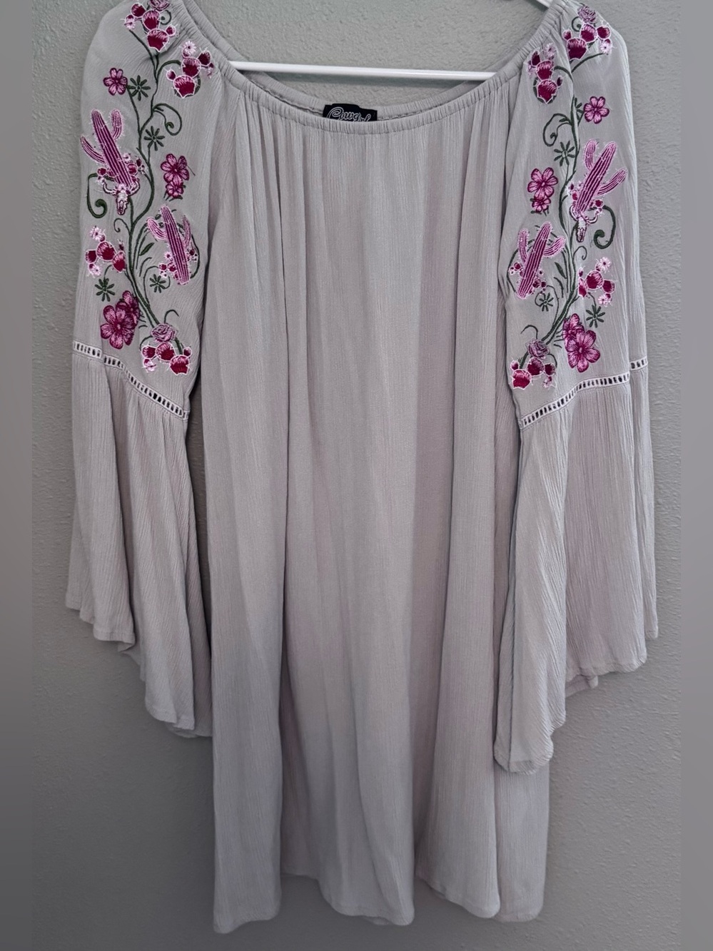 Embroidered Tunic Top in Light Gray with Pink Floral Accents
